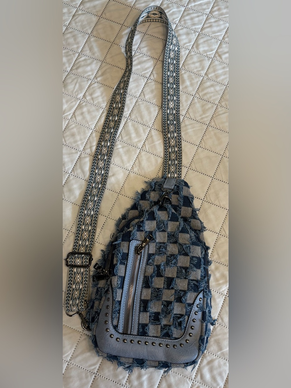 Sam and Hadley Checkered-Pattern Denim Sling Bag